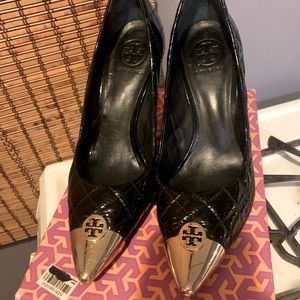 Tory Burch Black Patent Quilted Pointed Toe Heels with Gold Cap Logo